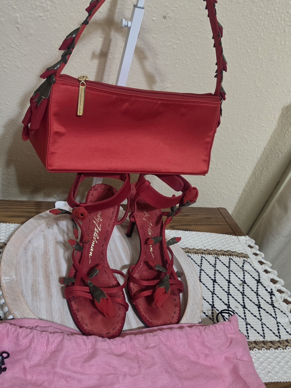 Vintage Beverly Feldman Red Satin Matching Bag & Rose Heels Set Y2K Dust Bag